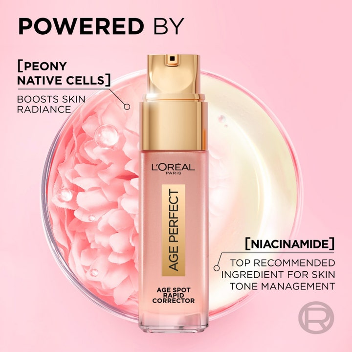 L'Oréal Paris Age Perfect serum mot åldersfläckar 30 ml för mogen hud i guldpumpflaska med pion och niacinamid