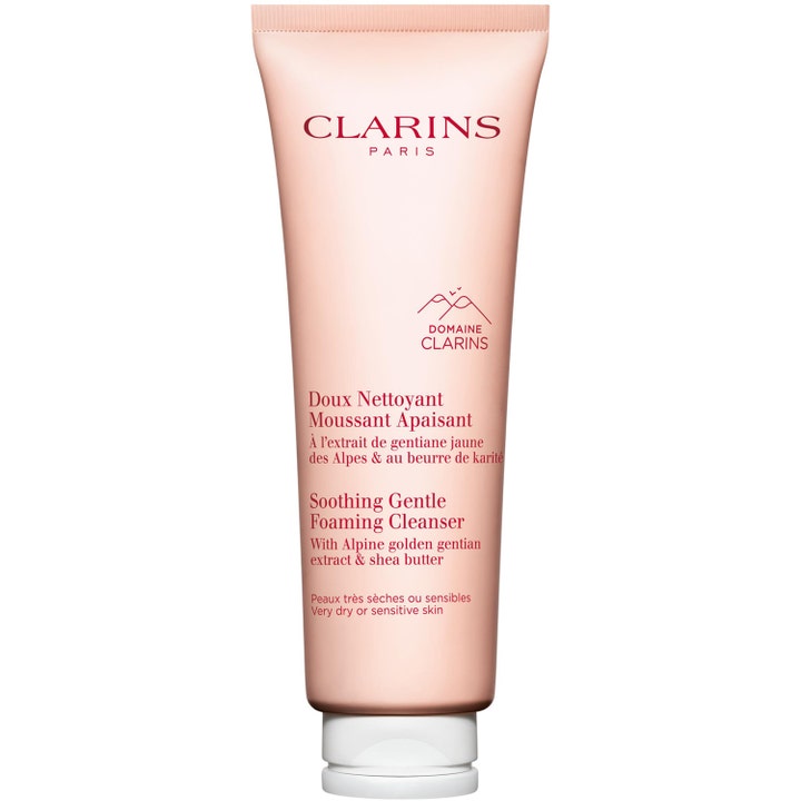 Clarins Soothing Gentle Foaming Cleanser 125 ml lugnande ansiktsrengöring i persikofärgad tub med vitt lock.