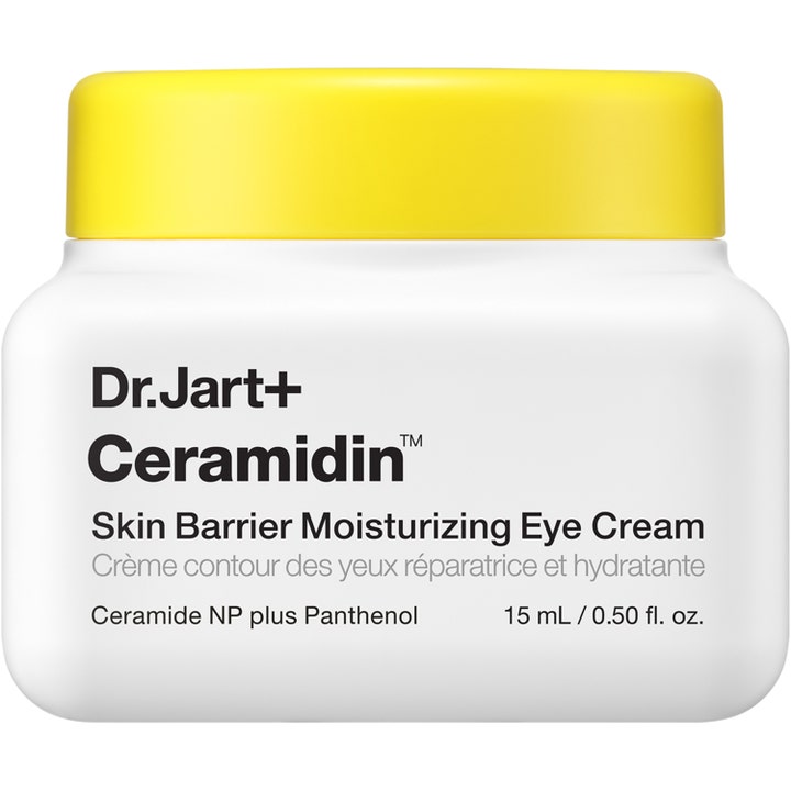Dr. Jart+ Ceramidin Skin Barrier Moisturizing Eye Cream 15 ml ögonkräm som stärker hudbarriären i vit burk med gult lock
