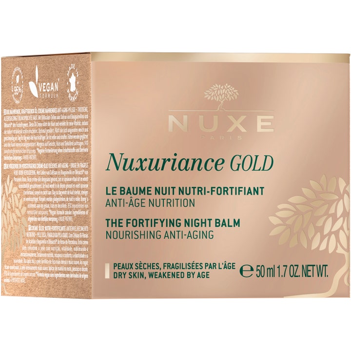 Nuxe Nuxuriance Gold Night Balm 50 ml närande anti-age balm i guldglänsande ytterförpackning med text