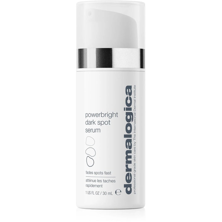 Dermalogica Powerbright Dark Spot Serum 30 ml mot pigmentfläckar i vit pumpflaska med silverband och genomskinligt lock.