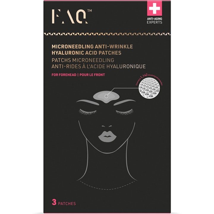 FAQ Swiss Microneedling Anti-Wrinkle Hyaluronic Acid Patches 3 st anti-aging microneedling i svart förpackning för pannan