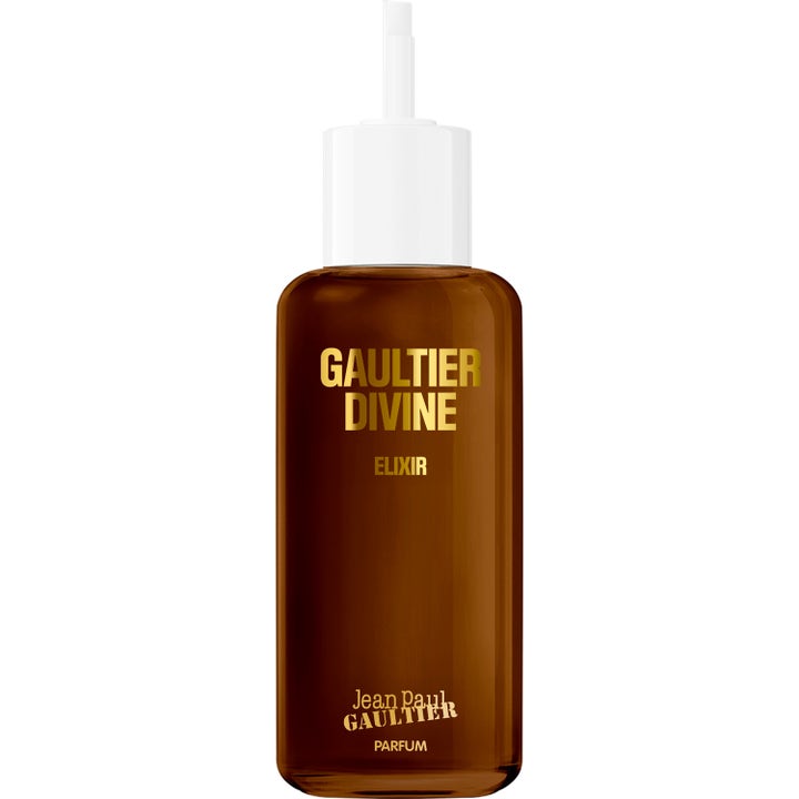 Jean Paul Gaultier Gaultier Divine Elixir Refill 200 ml parfym i brun flaska med guldtext och vit påfyllningspip