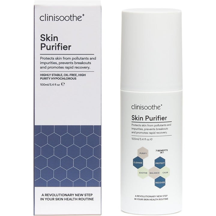 Clinisoothe Skin Purifier 100 ml lugnande toner mot orenheter i vit sprayflaska och box med blått hexagonmönster