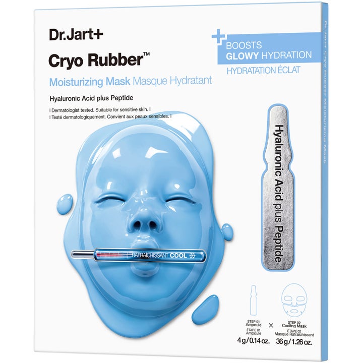 Dr.Jart+ Cryo Rubber Moisturizing Mask 4g och 36g återfuktande mask med hyaluronsyra i vit box med ett blått ansikte