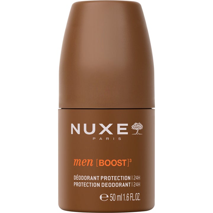Nuxe Men [BOOST]³ 50 ml deodorant som ger 24 timmars skydd i en matt brun plastförpackning med roll-on.