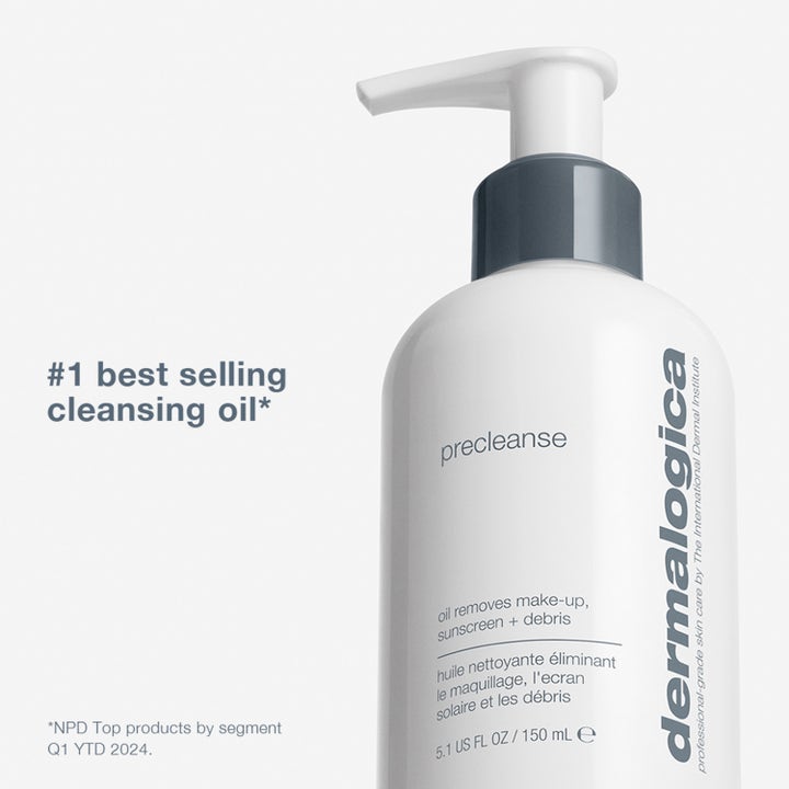 Dermalogica PreCleanse 295 ml rengöringsolja i vit plastflaska med pump som effektivt löser upp smink.