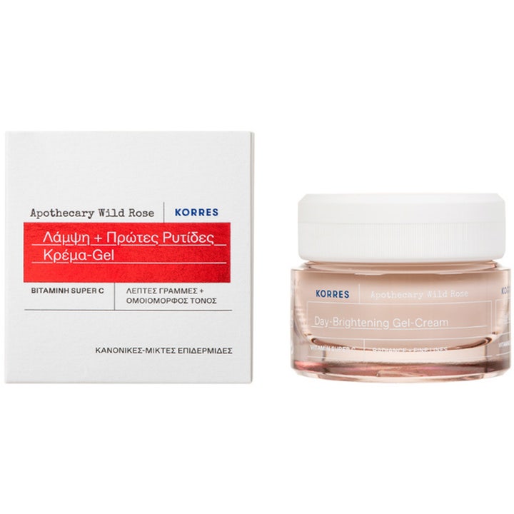 KORRES Apothecary Wild Rose 40 ml wild rose återfuktande ansiktskräm i en glasburk med vitt lock och ytterbox.