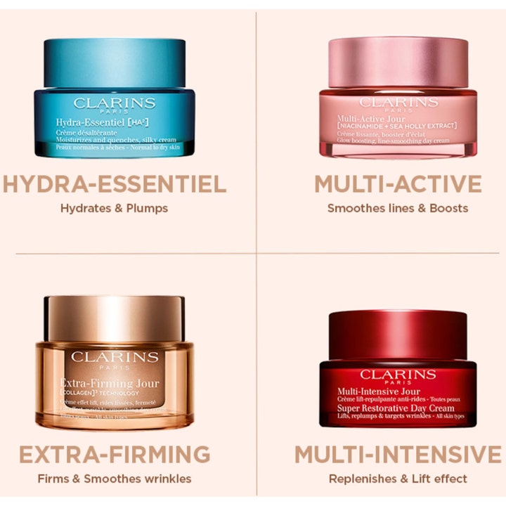Clarins Extra-Firming Jour 50 ml rynkslättande dagkräm för mogen hud i guldbrun glasburk i en översikt av ansiktskrämer.