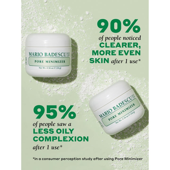 Mario Badescu Pore Minimizer 16 g porförminskande ansiktsmask i vita burkar med vitt pulver på grön bakgrund