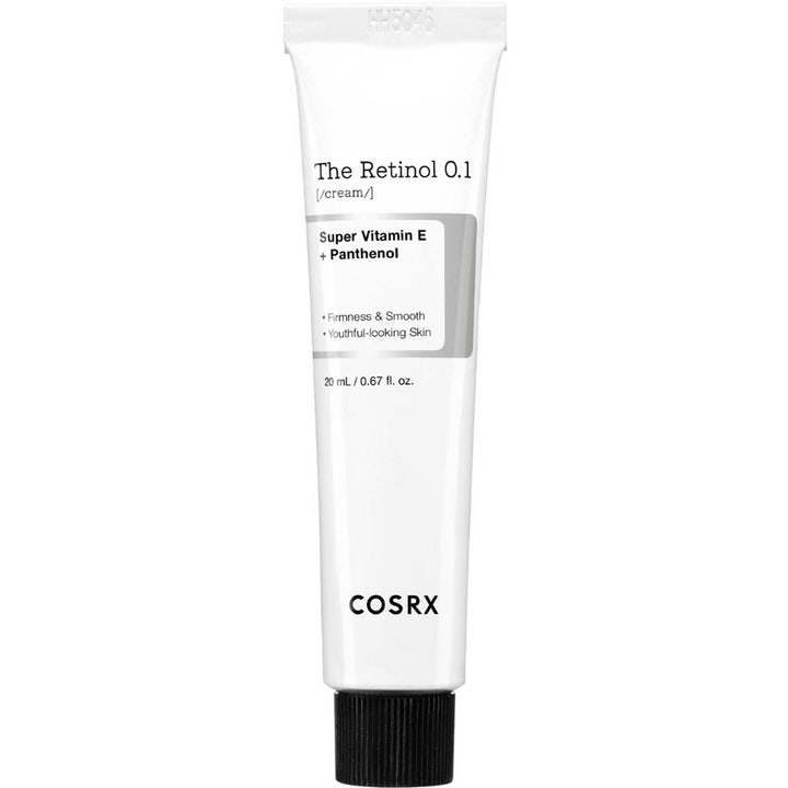 COSRX The Retinol 0.1 Cream 20 ml ger slätare hy med panthenol i en minimalistisk vit tub med svart lock.