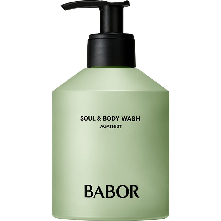 Babor Soul & Body Wash Agathist rengörande kroppstvål i en matt ljusgrön flaska med svart pumpmunstycke