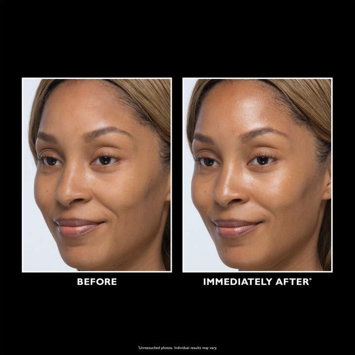 Peter Thomas Roth Instant FIRMx Glow-Filter Priming Serum 30 ml ger lyster i före och efter-bilder på kvinna.