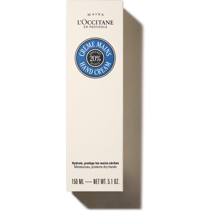 L'Occitane Shea Butter Hand Cream 150 ml handkräm för torr hud i beige ytterkartong med 20% shea butter-sigill.