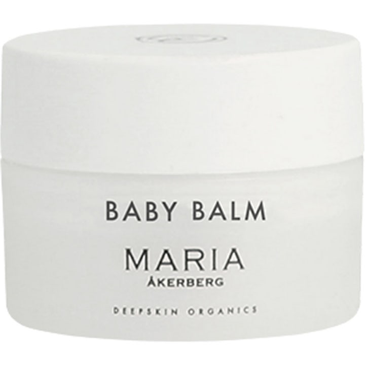 Maria Åkerberg Baby Balm 10 ml mjukgörande barnsalva i en vit frostad burk med vitt matchande lock.