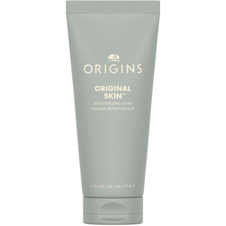Origins Original Skin Retexturizing Mask 75 ml exfolierande mask hudstruktur i en dämpad grågrön tub med vitt tryck.