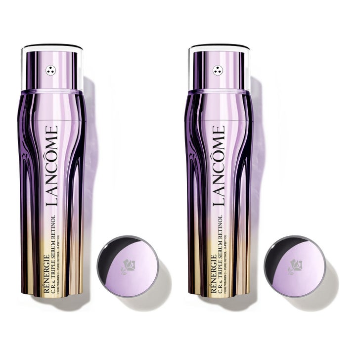 Lancôme Rénergie C.R.X. Triple Serum Retinol duo ansiktsserum i glänsande lila och guldiga metalliska flaskor.