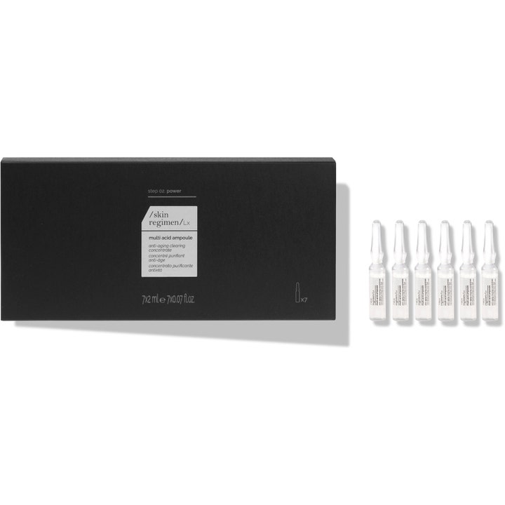 /skin regimen/Lx Multi acid ampoule 7x2 ml kemisk exfoliering i glasampuller bredvid en stilren svart box.