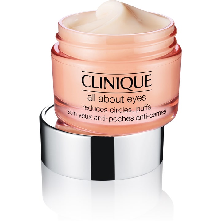 Clinique All About Eyes 15 ml ögonkräm mot mörka ringar i persikofärgad burk med krämig formula och silverlock