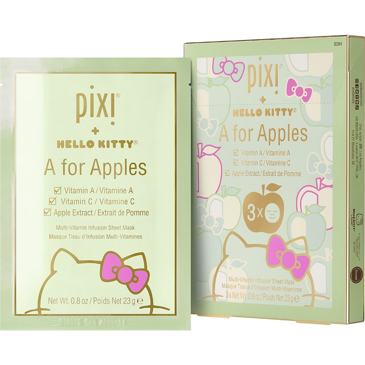 Pixi Hello Kitty A for Apples 3x23g återfuktande sheet mask med äpple extrakt i en ljusgrön förpackning med Hello Kitty