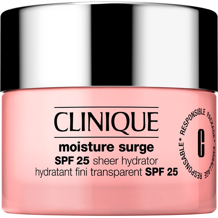 Clinique Moisture Surge SPF 25 Sheer Hydrator dagkräm med solskydd i ljusrosa glasburk med silverlock