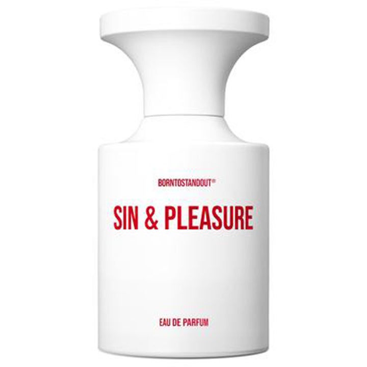 BornToStandOut Sin & Pleasure 50 ml nischparfym oud i en vit ogenomskinlig flaska med röd text och brett lock