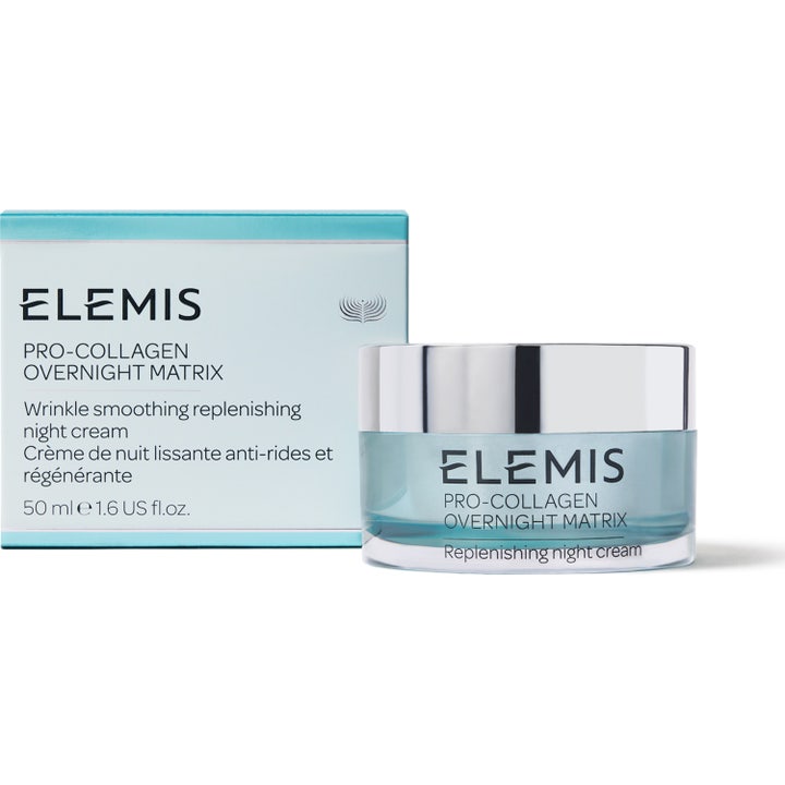 Elemis Pro-Collagen Overnight Matrix 50 ml anti age nattkräm kollagen i ljusblå glasburk med silverlock och ytterbox.