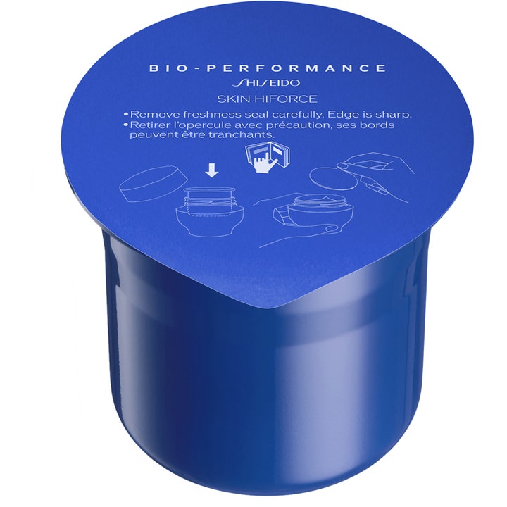 Shiseido Bio-Performance Skin HiForce 50 ml föryngrande ansiktskräm i en blå refillkapsel med instruktioner.