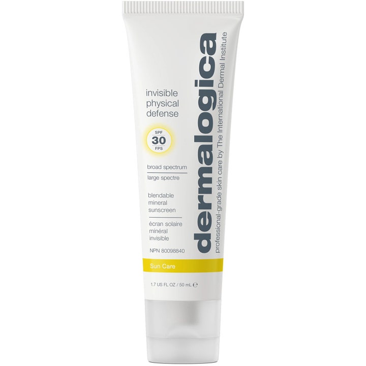 Dermalogica Invisible Physical Defense 50 ml fysikaliskt solskydd ansikte i vit tub med gula detaljer.