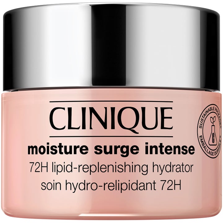 Clinique Moisture Surge Intense 72H återfuktande ansiktskräm i persikorosa burk med glänsande silverlock.