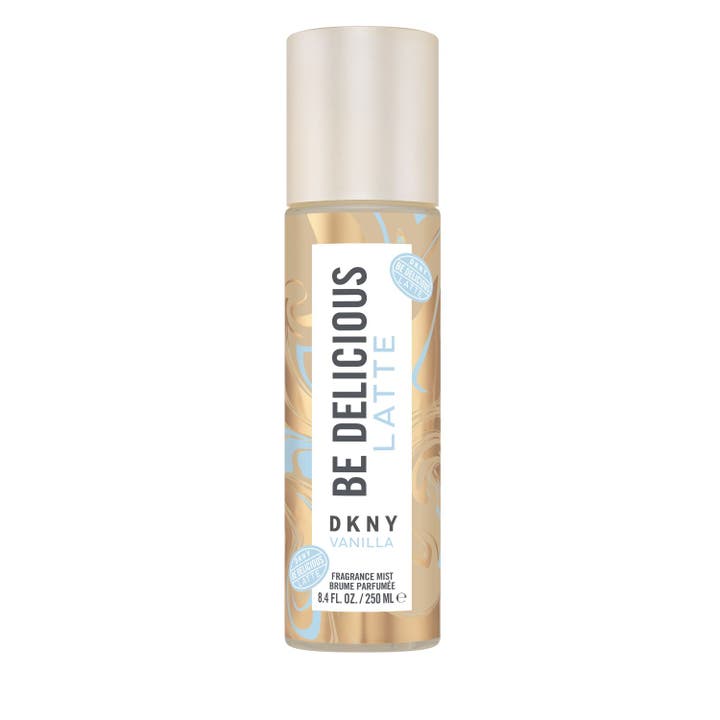 DKNY Be Delicious Café Vanilla Latte 250 ml bodymist i cylindrisk flaska med guldiga virvlar och beige kork