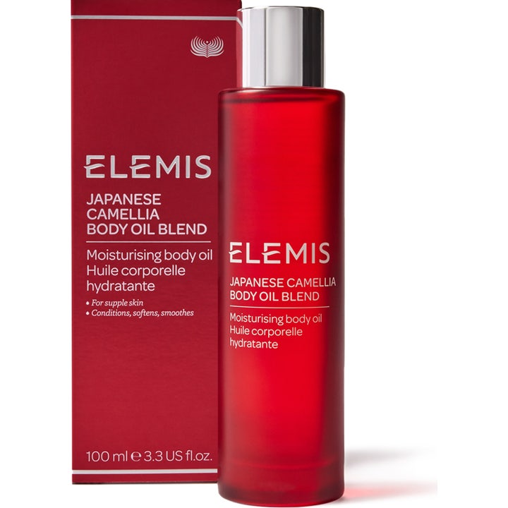 Elemis Japanese Camellia Body Oil Blend 100 ml exotisk kroppsolja för näring i röd flaska med matchande ytterkartong