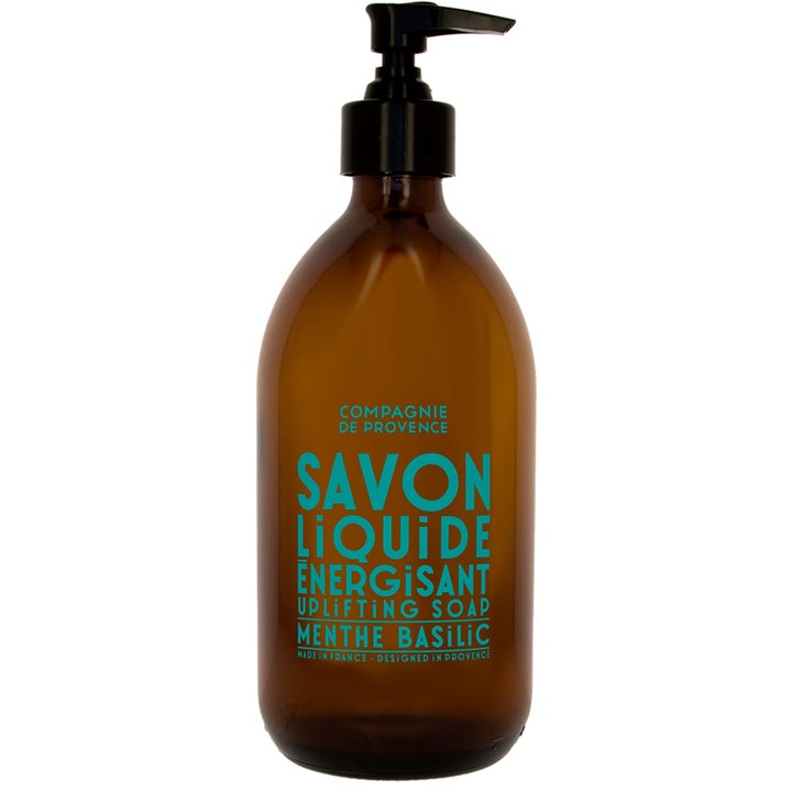 Compagnie de Provence Savon Liquide 500 ml energigivande fransk flytande tvål i brun flaska med turkos text.
