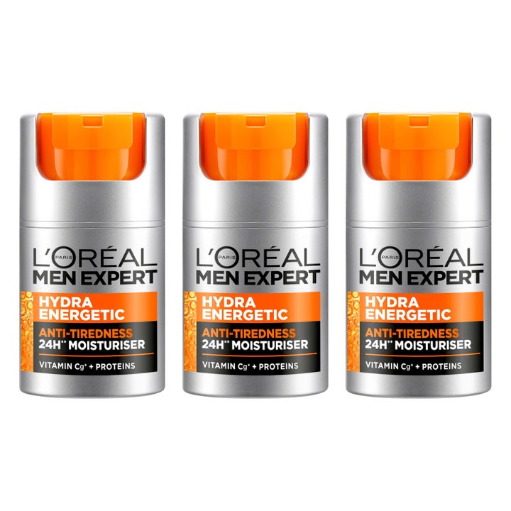 L'Oréal Men Expert Hydra Energetic 3-pack 24h dagkräm för män som ska motverka trötthet i silverfärgade pumpflaskor.
