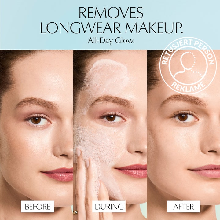 Estée Lauder Daywear Glow Boost Jelly Cleanser 125 ml visar före och efter resultat av rengöringsgel på hy.