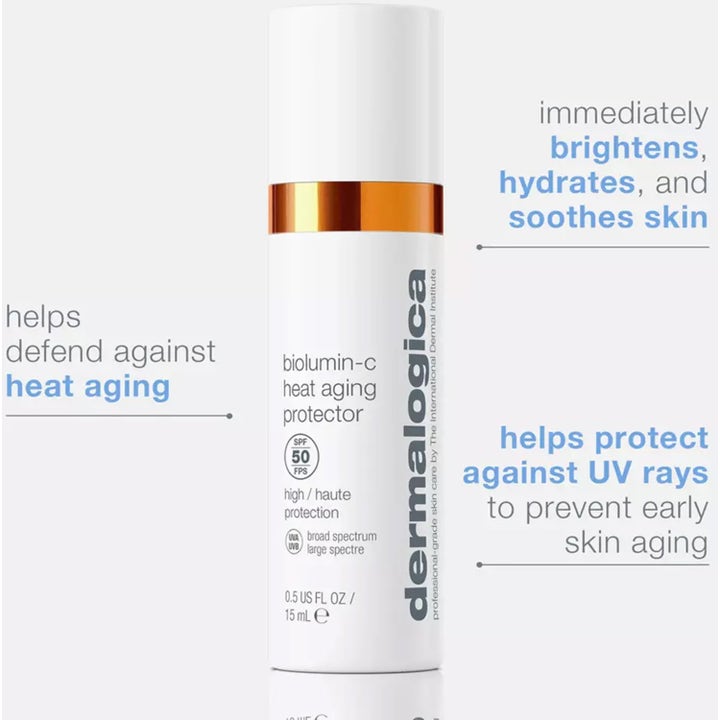 Dermalogica Biolumin-C Heat Aging Protector 15 ml lystergivande dagkräm med SPF 50 i vit flaska med orange detalj.