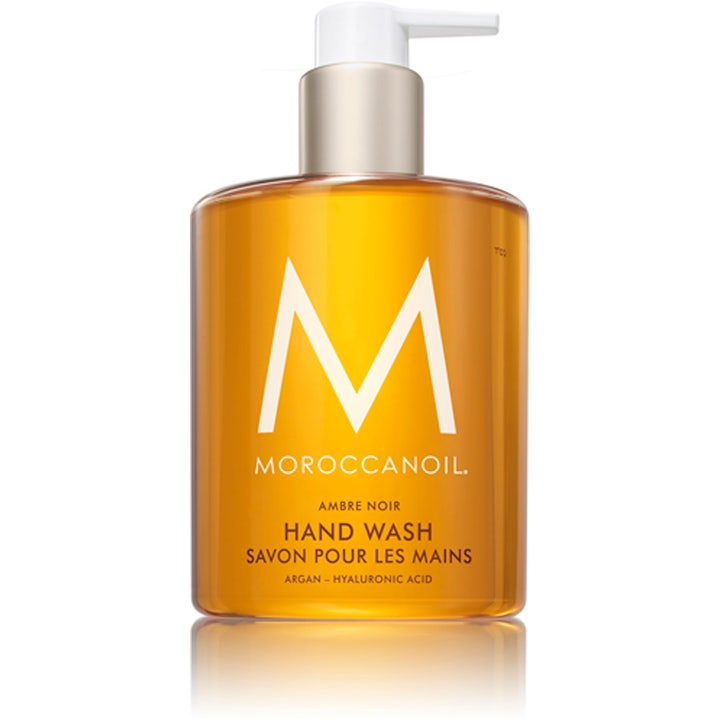 Moroccanoil Hand Wash Ambre Noir 360ml exklusiv handtvål med argan och hyaluronsyra i bärnstensfärgad pumpflaska.