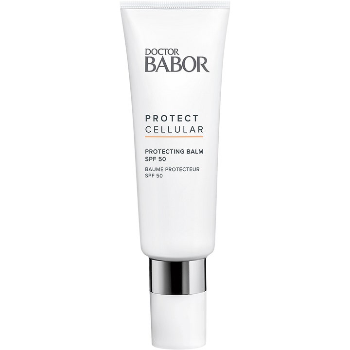 Doctor Babor Protect Cellular Protecting Balm SPF 50 ansiktsbalsam ger solskydd ansikte anti-aging i vit tub med silverring.