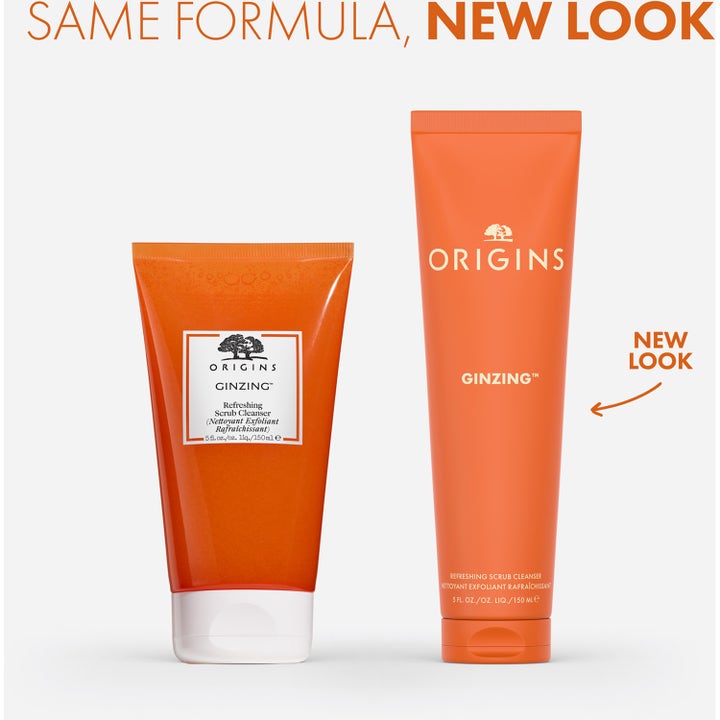 Origins GinZing Refreshing Scrub Cleanser 150 ml exfolierande ansiktsrengöring i ny orange tub märkt New Look.