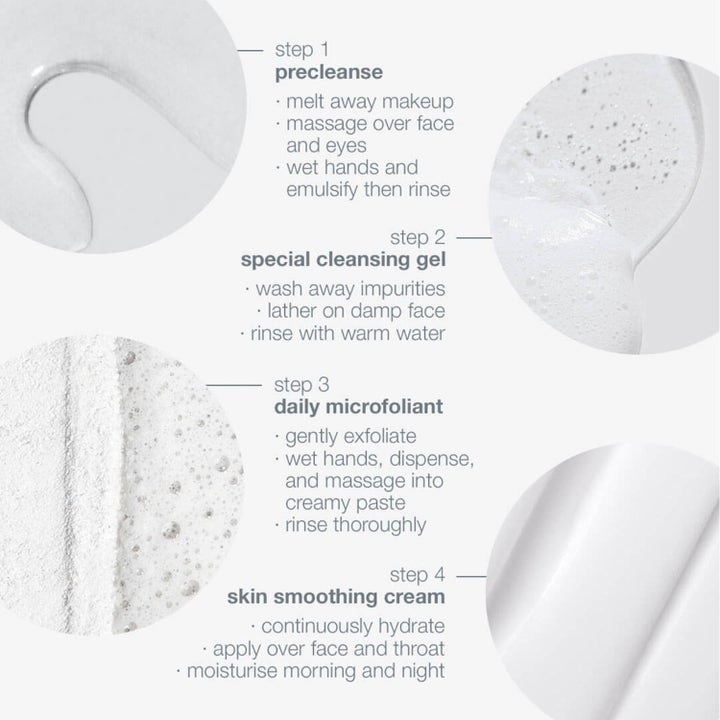 Dermalogica Discover Healthy Skin Kit Duo hudvård visar stegvisa texturer av rengöringsolja, gel, peeling och kräm.