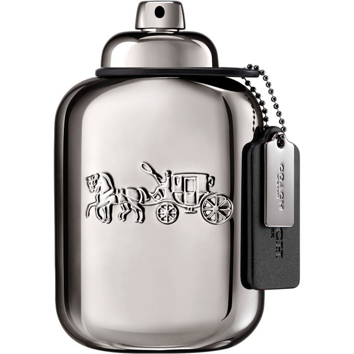Coach Pure Platinum Parfum 100 ml herrparfym i silverfärgad metallflaska med logotyp och svart läderbricka
