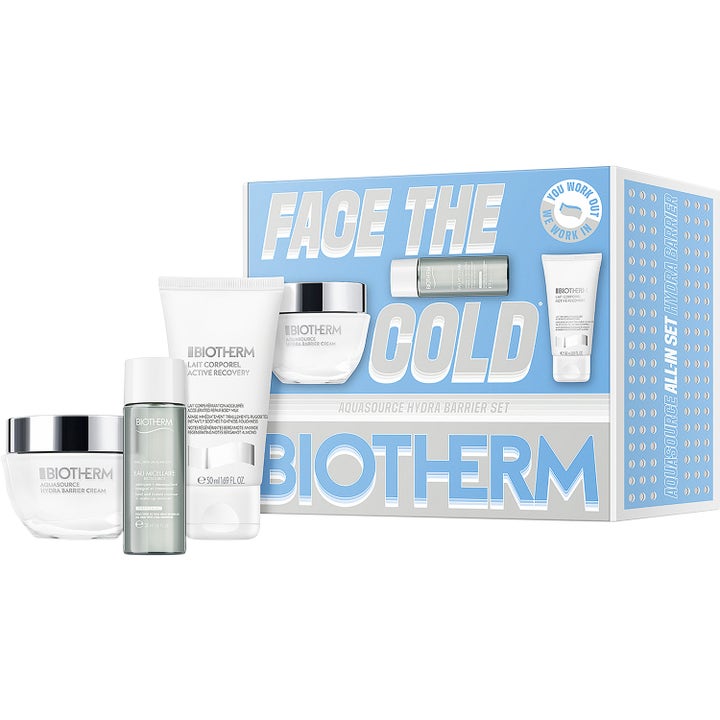 Biotherm Aquasource Hydra Barrier Set återfuktande hudvårdskit i en ljusblå box med krämburk och vita tuber