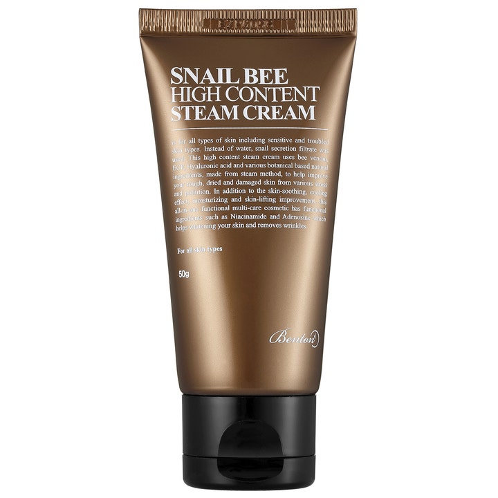 Benton Snail Bee High Content Steam Cream 50g intensiv snigelkräm med bee venom i en brun tub med svart snäpplock