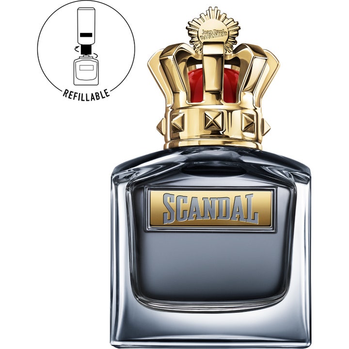Jean Paul Gaultier Scandal Him 100 ml exklusiv eau de toilette herr i en parfym refill flaska med guldfärgad krona