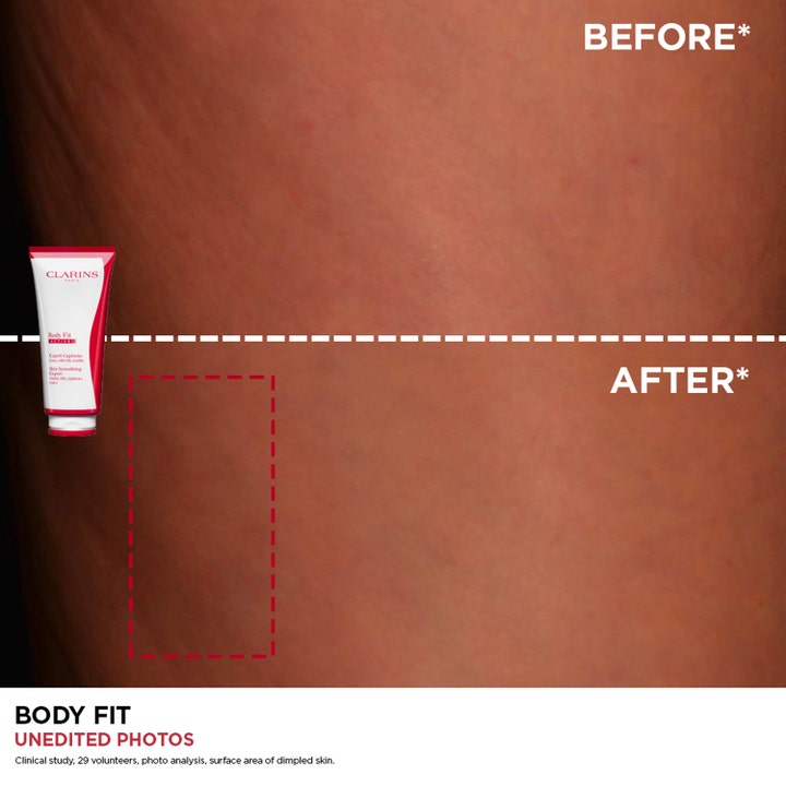 Clarins Body Fit Active 200 ml kroppsvård för cellulitreducering med före- och efterbild på hud