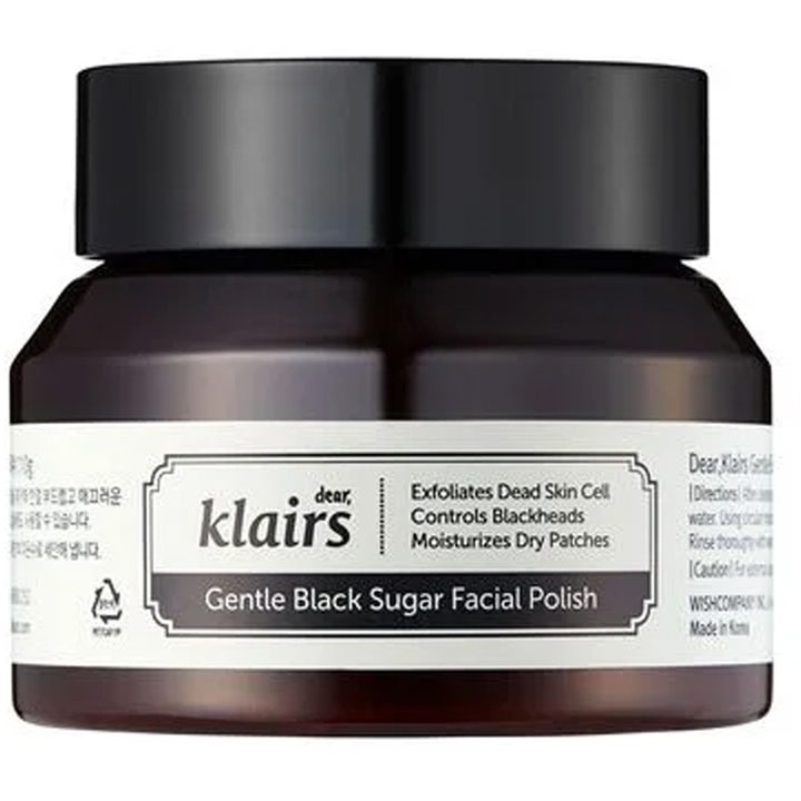 Klairs Gentle Black Sugar Facial Polish 110 g ansiktsskrubb mot torr hy och pormaskar i mörkbrun burk med svart lock