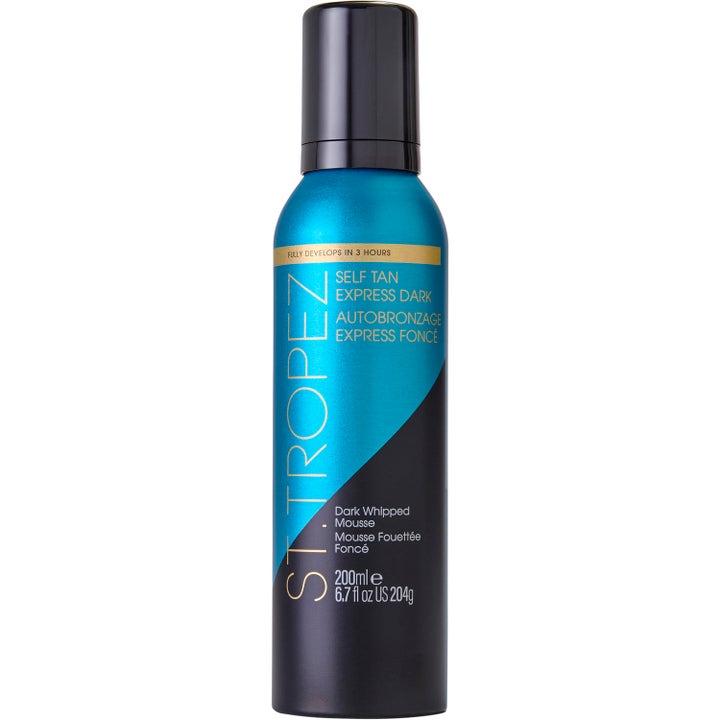 St. Tropez Self Tan Express Dark Mousse 200 ml brun utan sol som ger djup färg i turkosblå och svart flaska