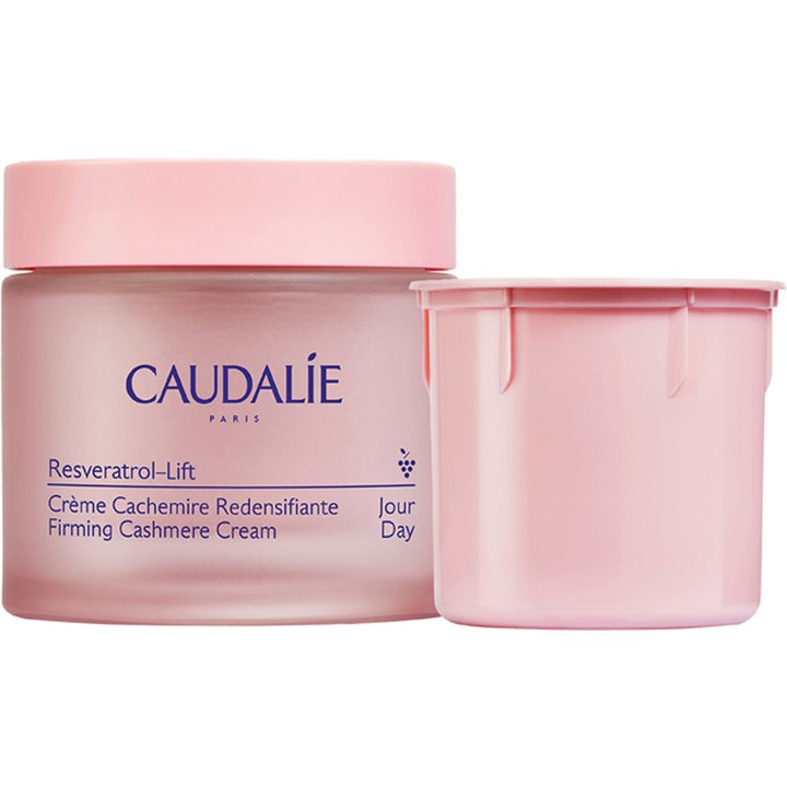 Caudalie Resveratrol-Lift Firming Cashmere Cream 50ml uppstramande dagkräm i rosa frostad glasburk med refillpod
