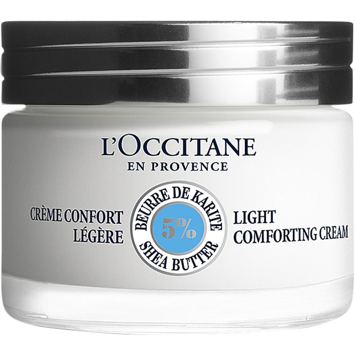 L'Occitane Shea Light Comforting Cream 50ml fransk återfuktande ansiktskräm med L'Occitane sheasmör i vit burk med silverlock.