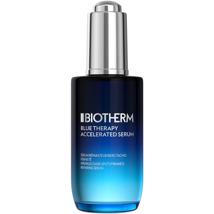 Biotherm Blue Therapy Accelerated Serum 50ml ger fasthet och motverkar rynkor i en blå tonad glasflaska med silverpipett